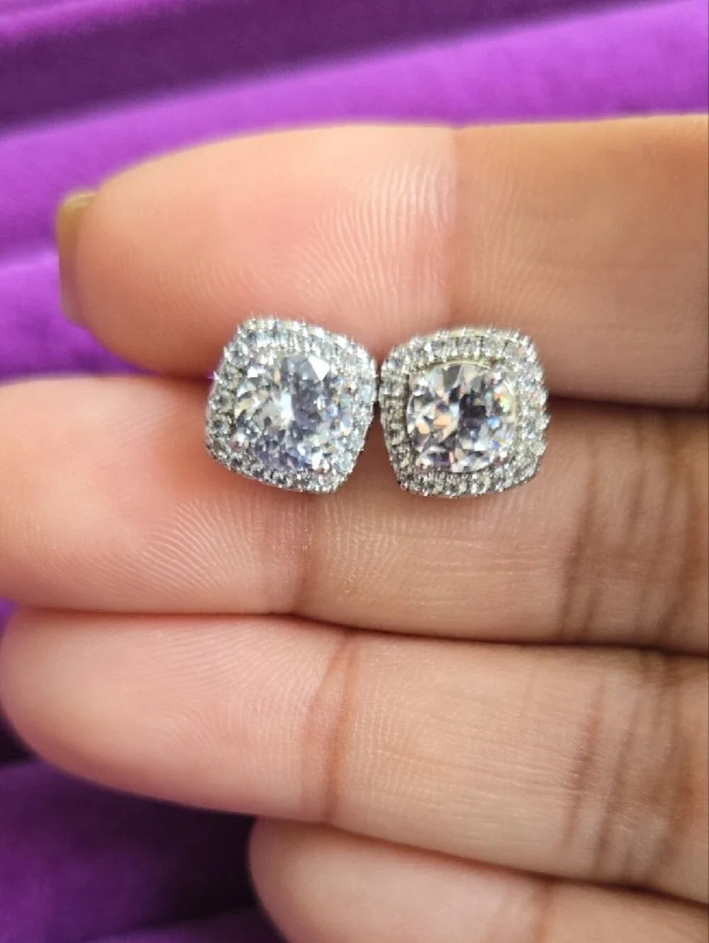 Classic Cushion Halo Cubic Moissanite Stud Earrings in Sterling Silver
